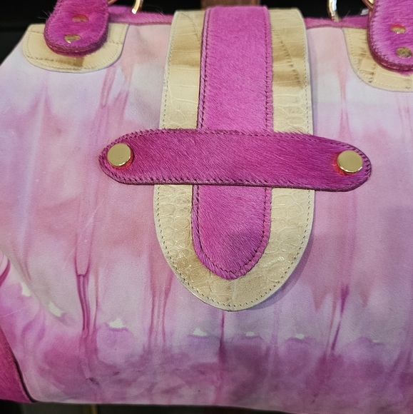 Sold Fabric & Cowhide Tie Dye Pink Satchel Handbag Purse - Picture 3 of 12
